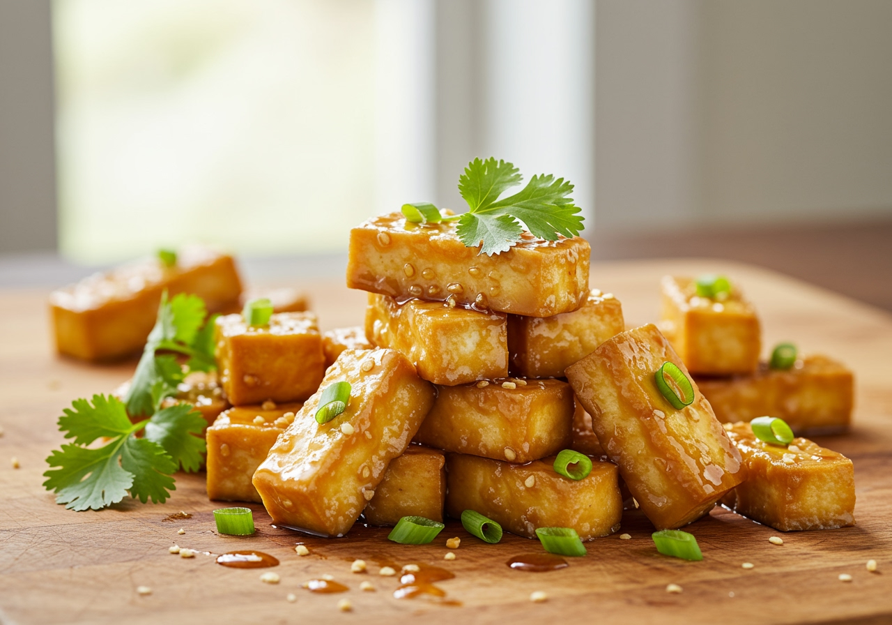 Deliciously presented crispy honey garlic tofu on a wooden table, highlighting the golden-browned tofu pieces glistening with honey garlic sauce.