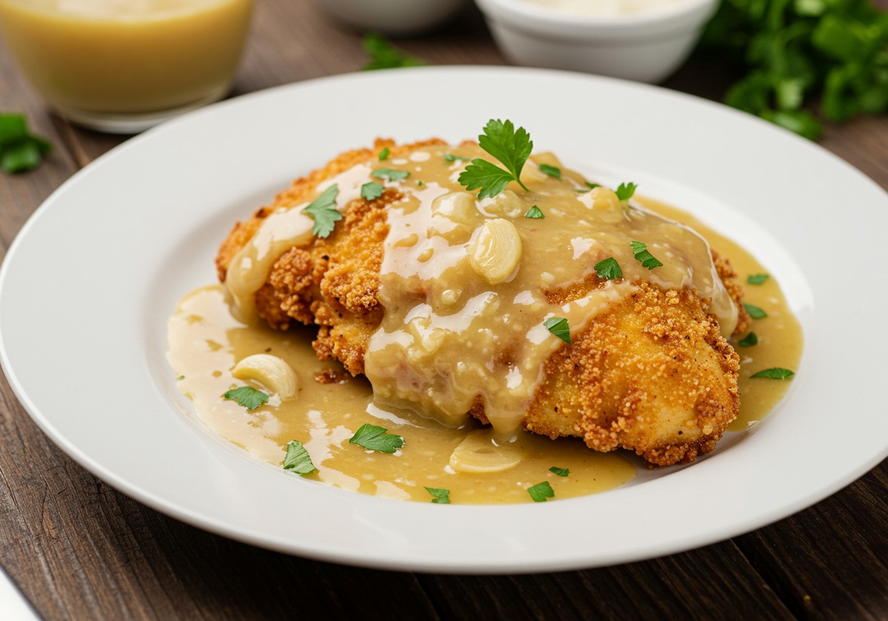 Final presentation of Crispy Parmesan Chicken with rich garlic sauce, perfect for an easy and satisfying dinner idea.