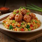 Deliciously plated meal of crispy saucy chicken and vibrant vegetable fried rice, perfect for dinner