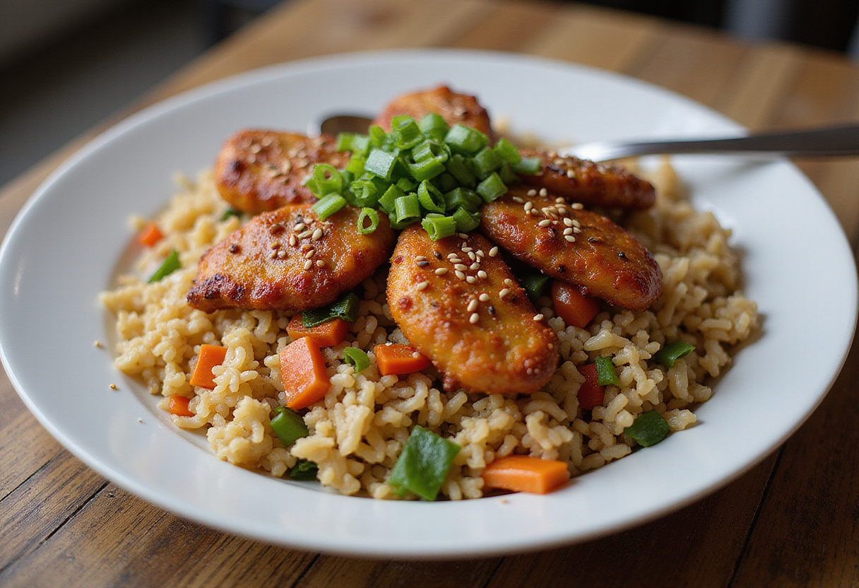 Deliciously plated meal of crispy saucy chicken and vibrant vegetable fried rice, perfect for dinner