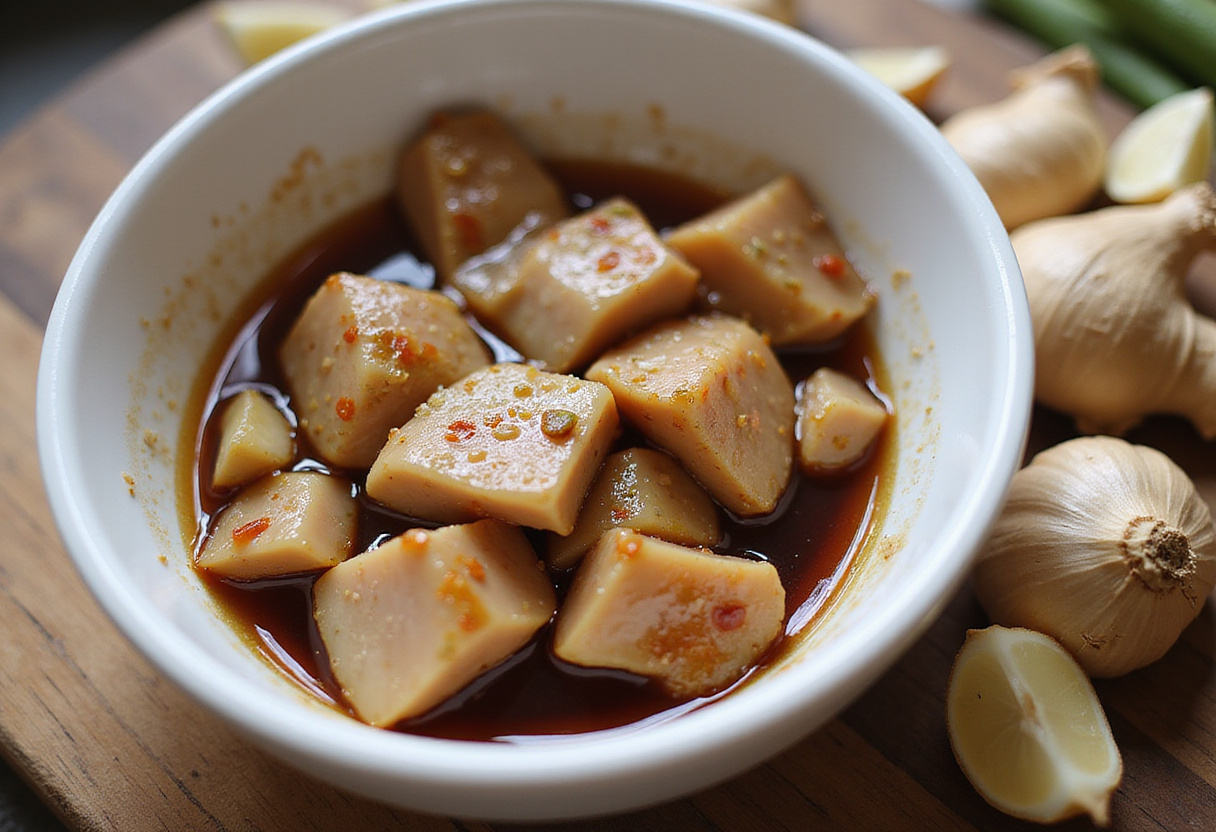 Crispy Saucy Chicken marinating with soy sauce and spices for flavorful fried rice