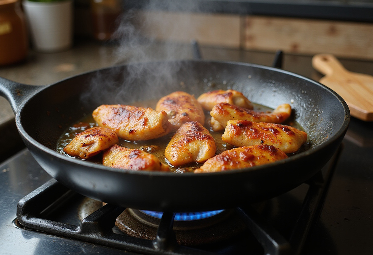 Cooking marinated chicken in a frying pan until perfectly crispy for saucy chicken dish