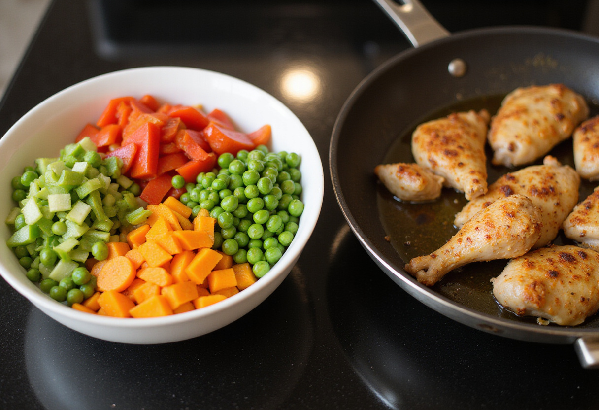 Preparing vibrant vegetables for the fried rice to complement crispy saucy chicken