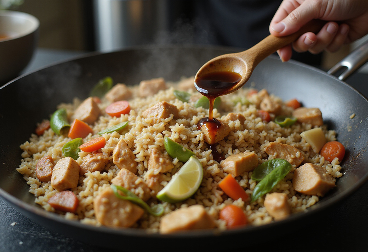 Stir-frying vegetable fried rice with crispy chicken, creating a tasty one-pan meal