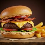 Serving a gourmet burger from Easy Ground Beef Burger Recipe, beautifully presented with toppings, alongside crispy fries.