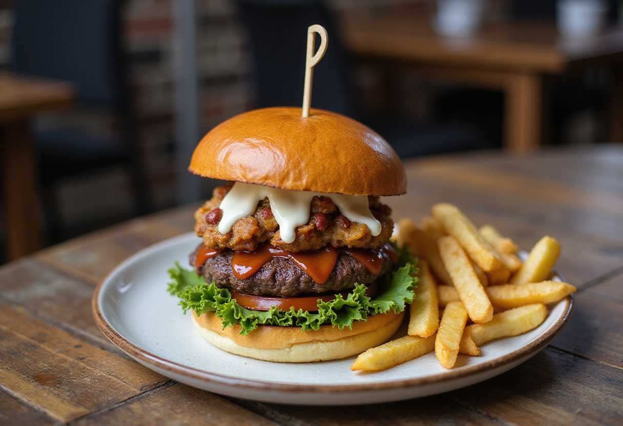 Serving a gourmet burger from Easy Ground Beef Burger Recipe, beautifully presented with toppings, alongside crispy fries.