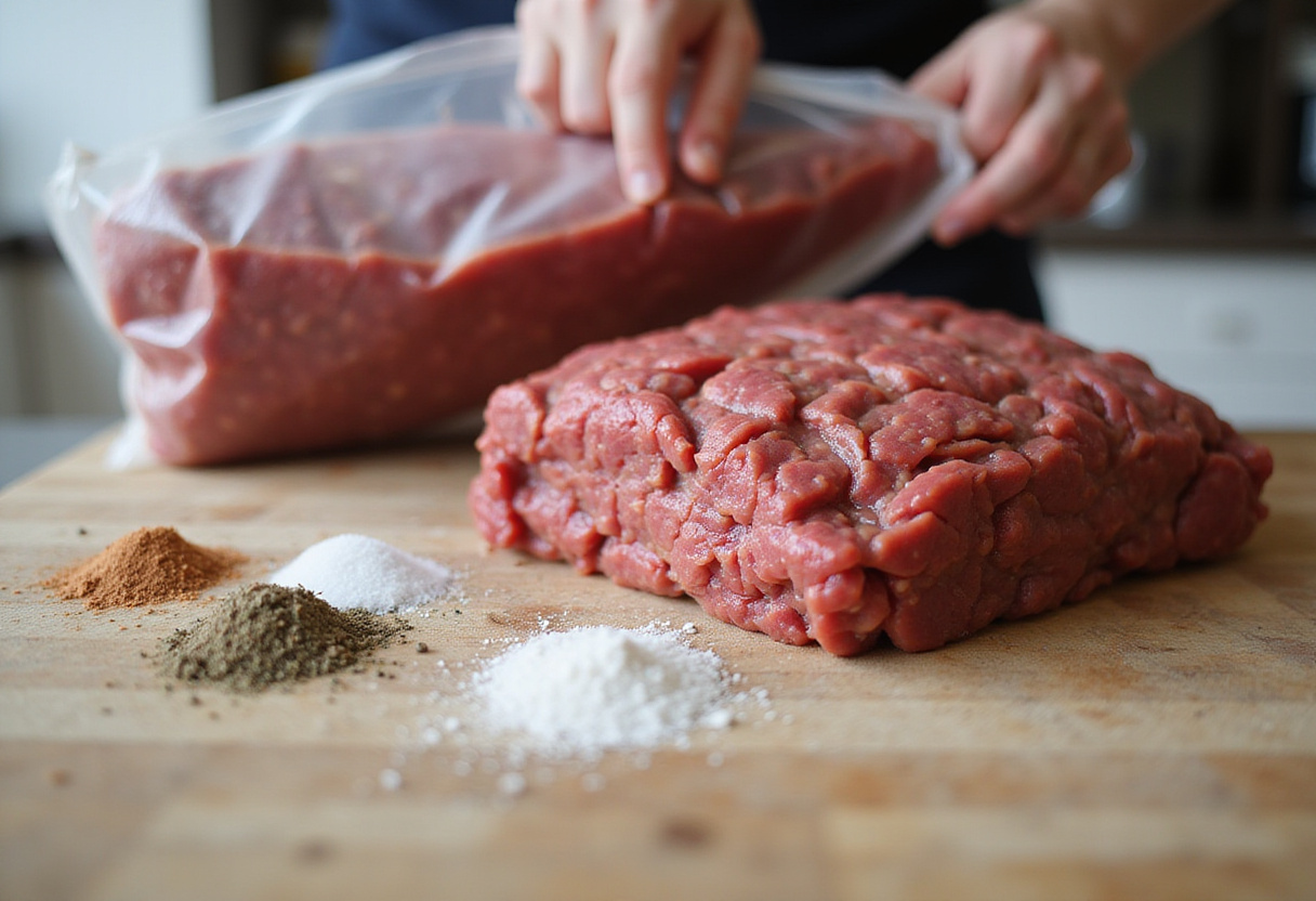 Fresh ground beef for Easy Ground Beef Burger Recipe, perfect for homemade burgers, seasonings ready to enhance flavor.