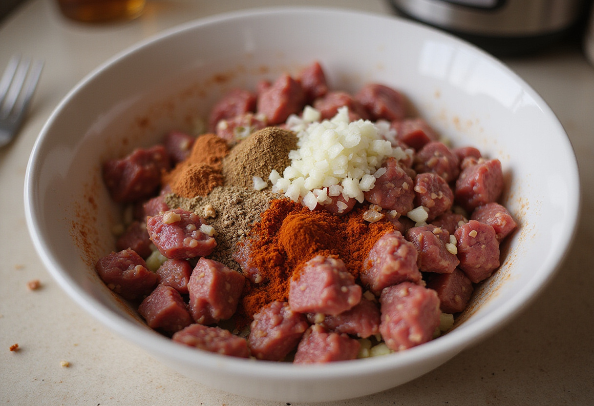 Mixing ground beef with spices and onions for Easy Ground Beef Burger Recipe, preparing the perfect patty mixture.