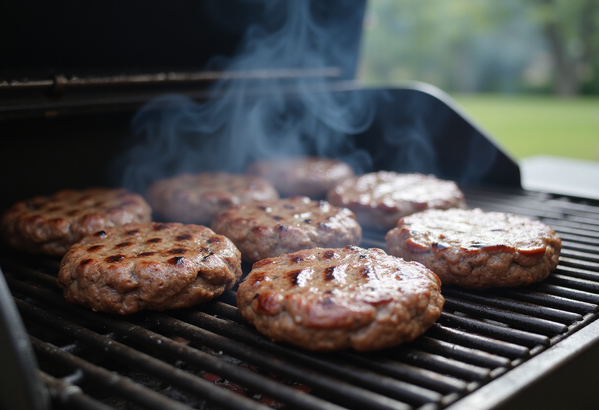 Grilling delicious homemade burgers for Easy Ground Beef Burger Recipe, showcasing juicy patties with perfect grill marks.