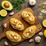 Finished Garlic Shrimp Crostini with Avocado displayed on a rustic table, showcasing a gourmet appetizer perfect for entertaining.