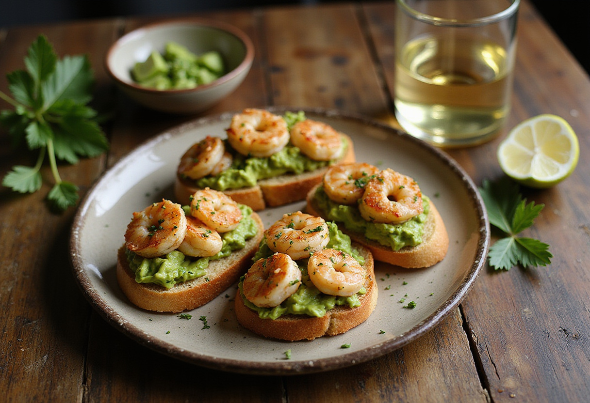 Finished Garlic Shrimp Crostini with Avocado displayed on a rustic table, showcasing a gourmet appetizer perfect for entertaining.