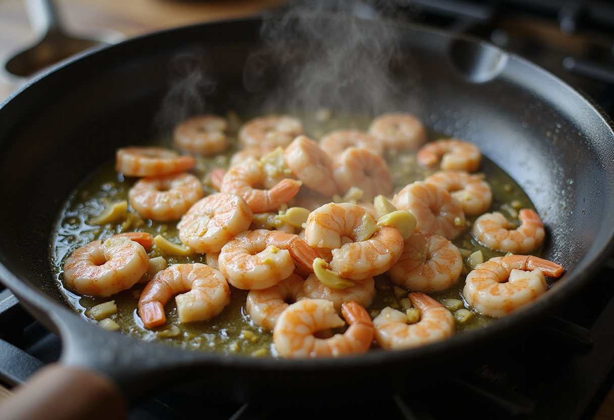 Cooking garlic and shrimp in olive oil for Garlic Shrimp Crostini, highlighting the sizzling process in a cozy kitchen environment.