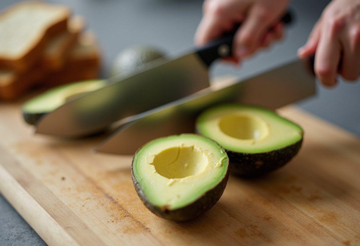 Slicing ripe avocados for Garlic Shrimp Crostini, focusing on the vibrant green color and preparation process in a well-lit kitchen.
