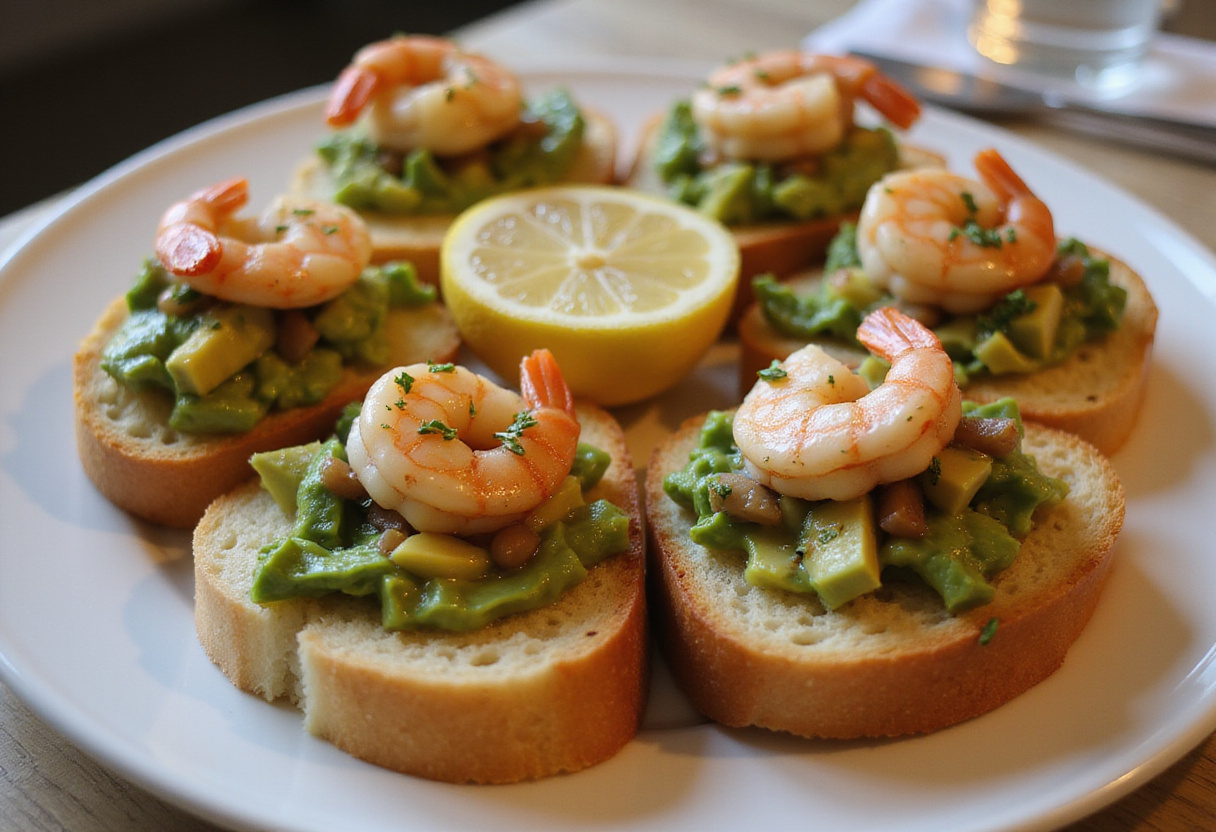 Elegant Garlic Shrimp Crostini with Avocado served on a platter, perfect for a delightful appetizer presentation in a stylish kitchen.