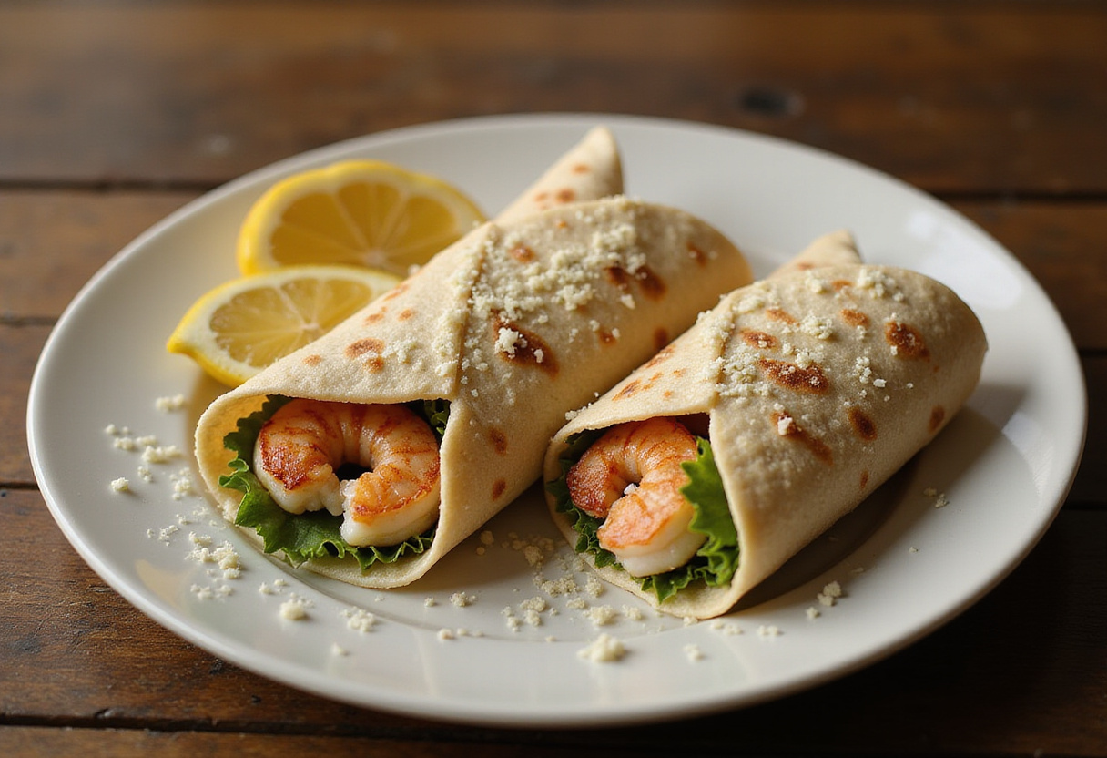 Delicious Grilled Shrimp Caesar Wrap ready to savor, highlighting juicy shrimp and fresh ingredients.