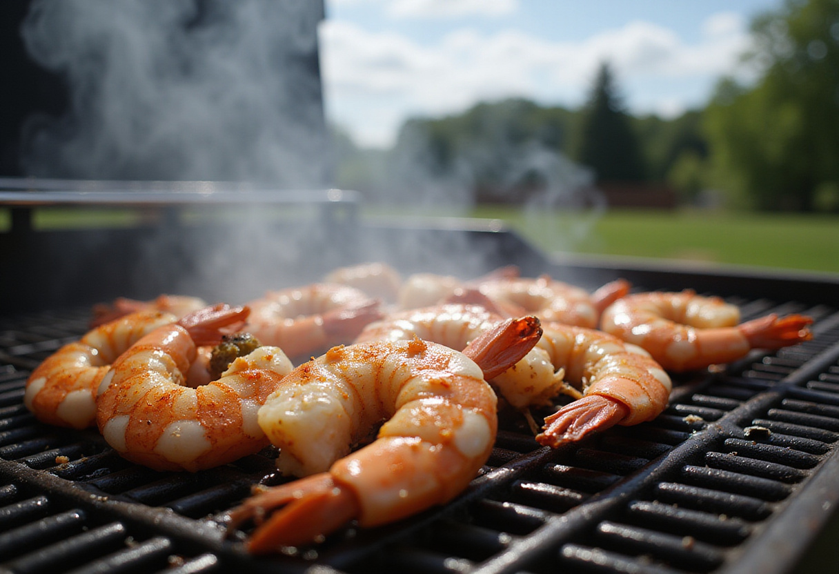 Grilled shrimp seasoned for a Caesar wrap recipe, perfect for summer barbecues.