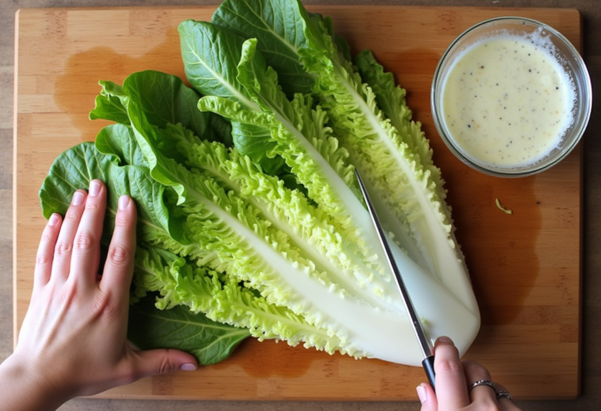 Chopped romaine lettuce for a delicious Caesar wrap, a fresh and healthy ingredient.