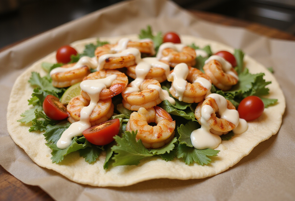 Ingredients for Grilled Shrimp Caesar Wraps displayed on a tortilla, showcasing freshness and vibrant colors.