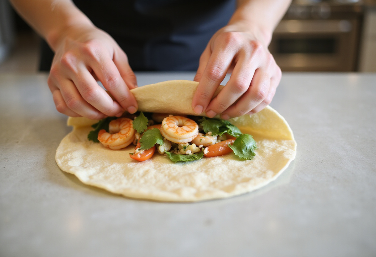 Wrapping a Grilled Shrimp Caesar Wrap, ready to enjoy a delicious meal.