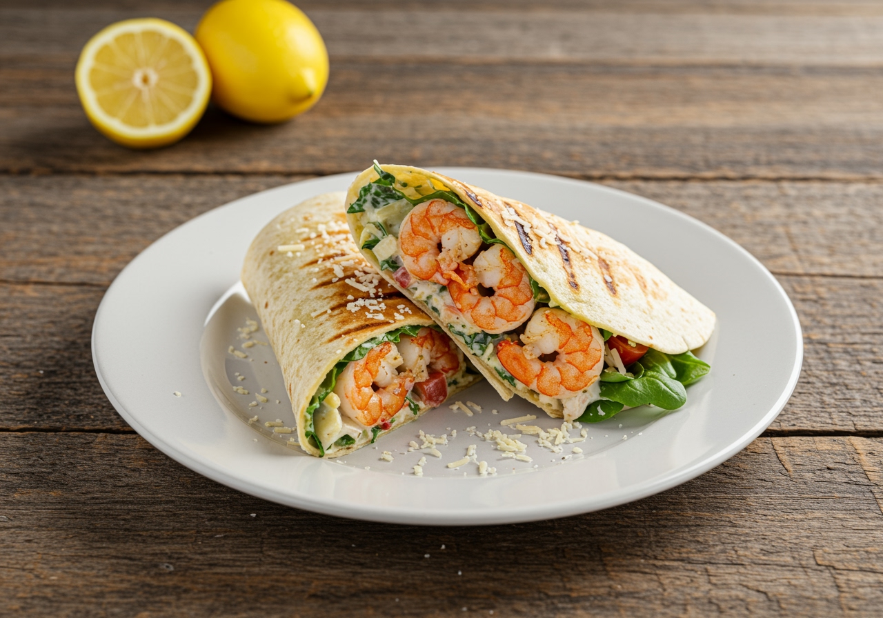 Delicious Grilled Shrimp Caesar Wrap ready to savor, highlighting juicy shrimp and fresh ingredients.