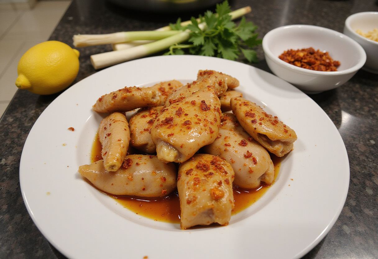 Marinated chicken pieces with lemongrass, garlic, and chili flakes for authentic Vietnamese chicken recipe.