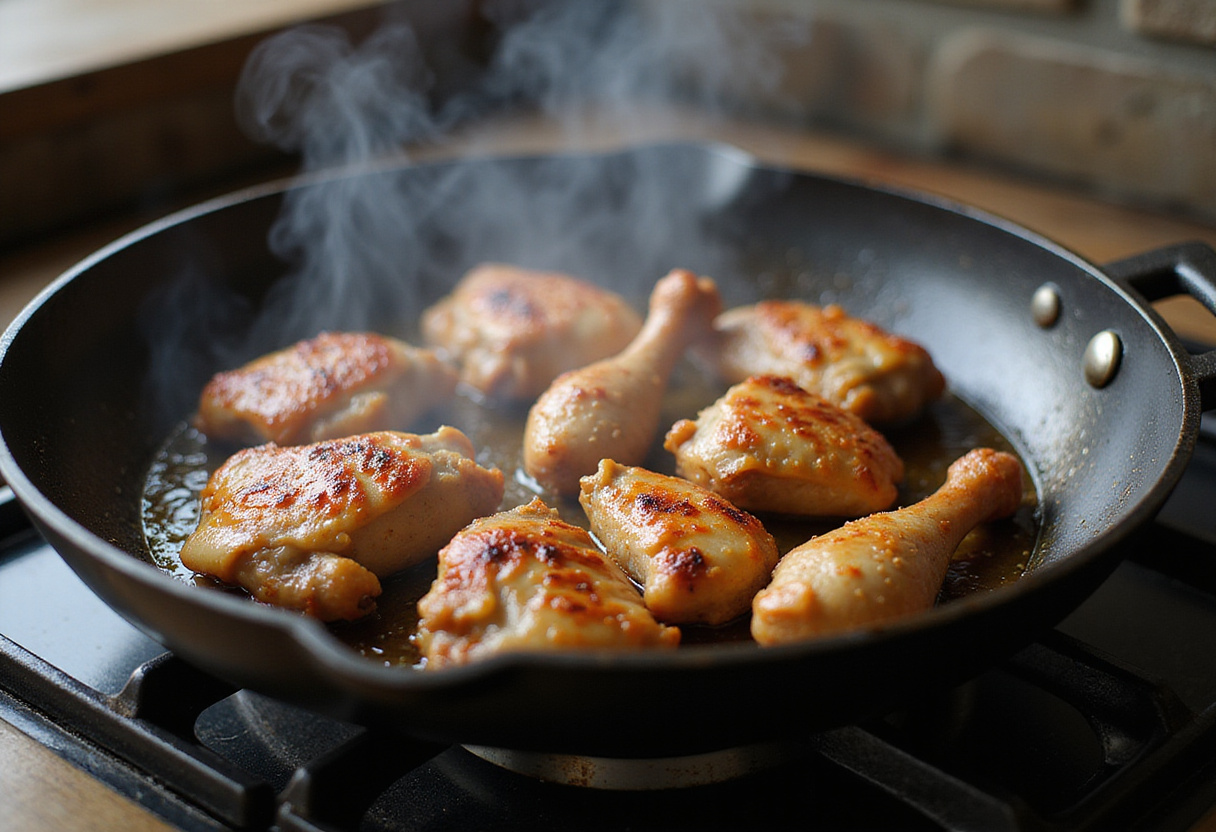 Grilling Vietnamese chicken, capturing the delicious cooking process with a grill pan and aromatic spices.