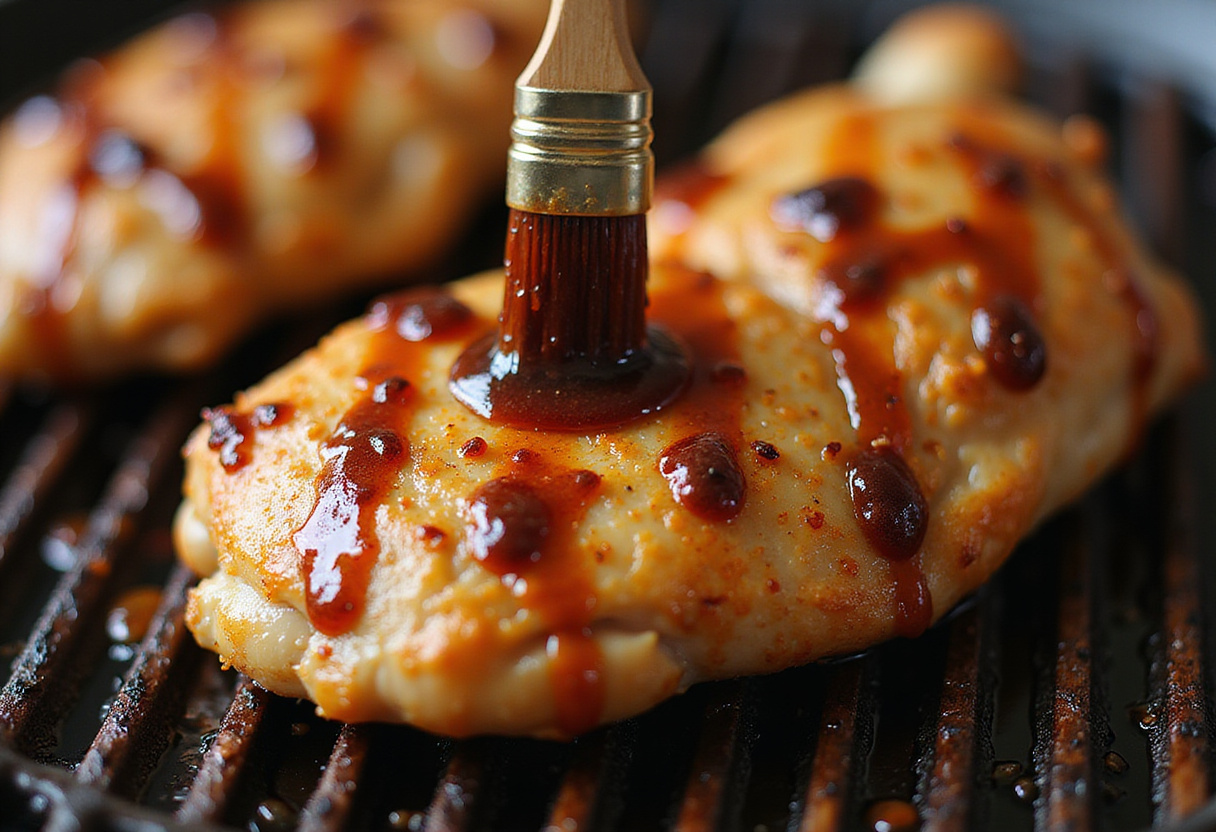 Applying glaze on grilled Vietnamese chicken, enhancing the flavor with fish sauce and honey for a delicious finish.