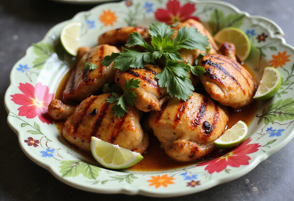 Plated grilled Vietnamese chicken garnished with fresh herbs and lime wedges, presenting a colorful dish.