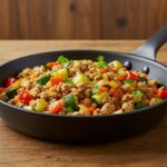Delicious ground turkey and zucchini skillet elegantly served, perfect for a healthy and satisfying meal.