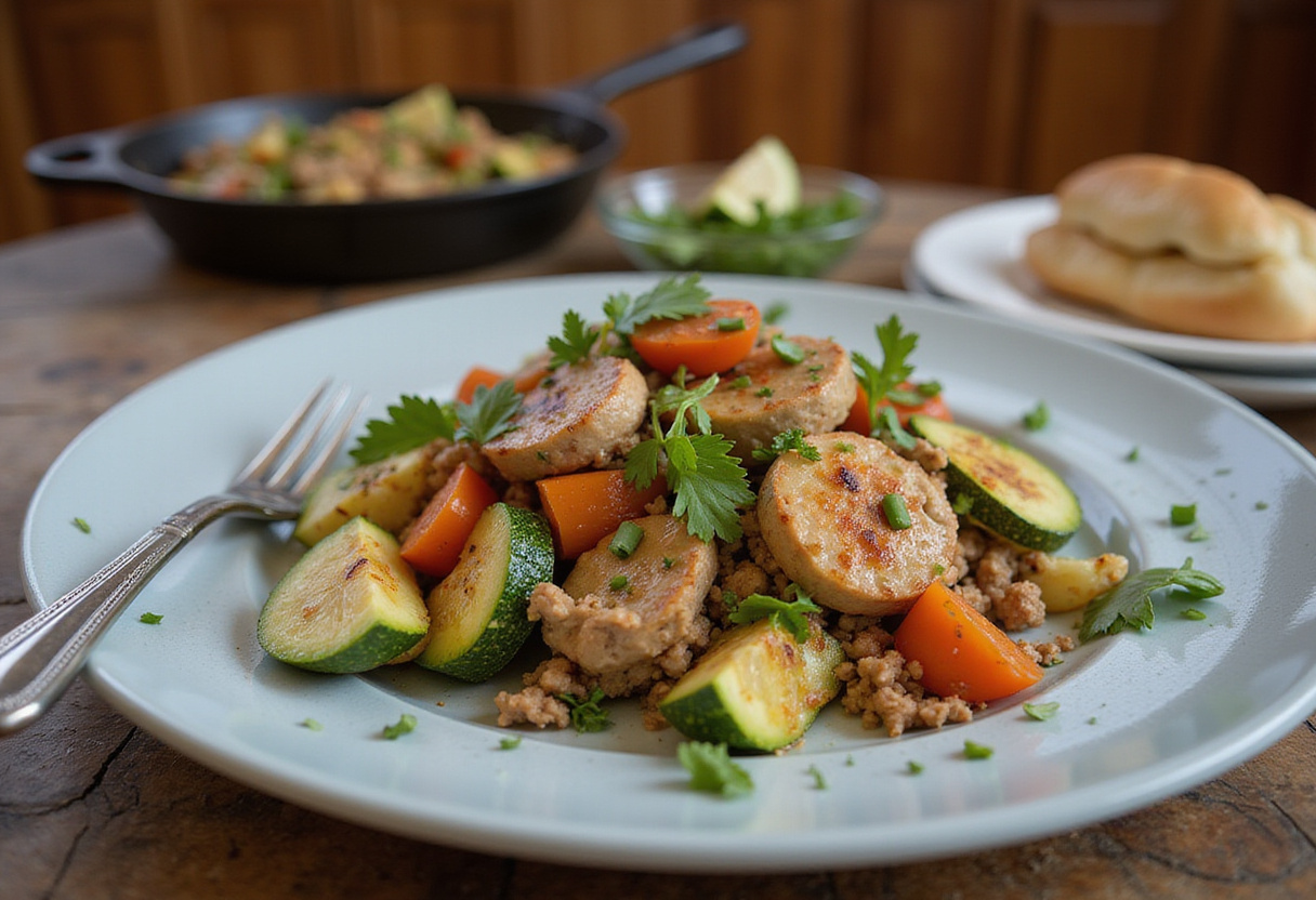 Delicious ground turkey and zucchini skillet elegantly served, perfect for a healthy and satisfying meal.