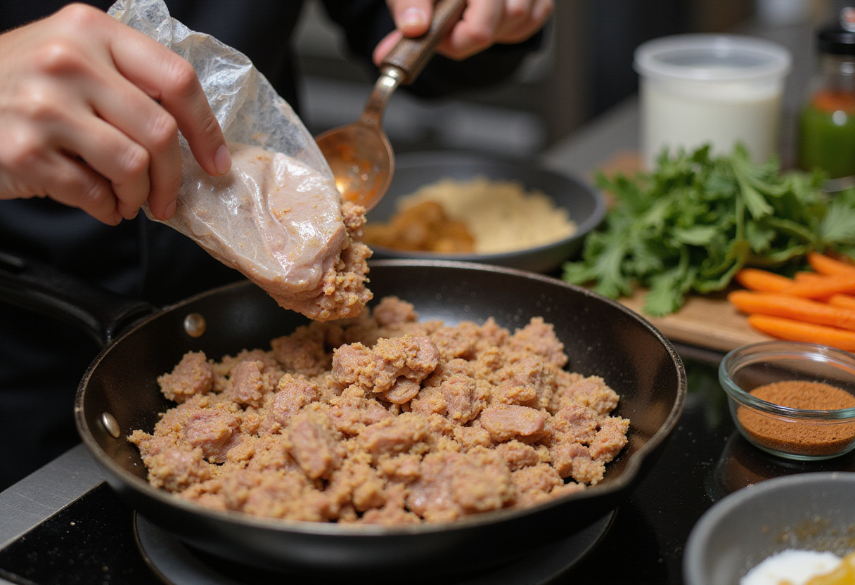 Ground turkey being prepared for a delicious skillet dish, showing fresh ingredients for a healthy meal.