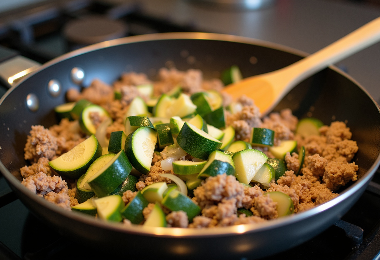 Ground turkey and zucchini sautéing together in a skillet, highlighting the vibrant colors and textures of fresh vegetables.