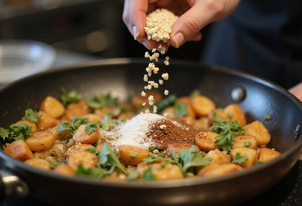 Adding spices to ground turkey and zucchini in a skillet, showing the importance of seasoning in cooking for flavor enhancement.