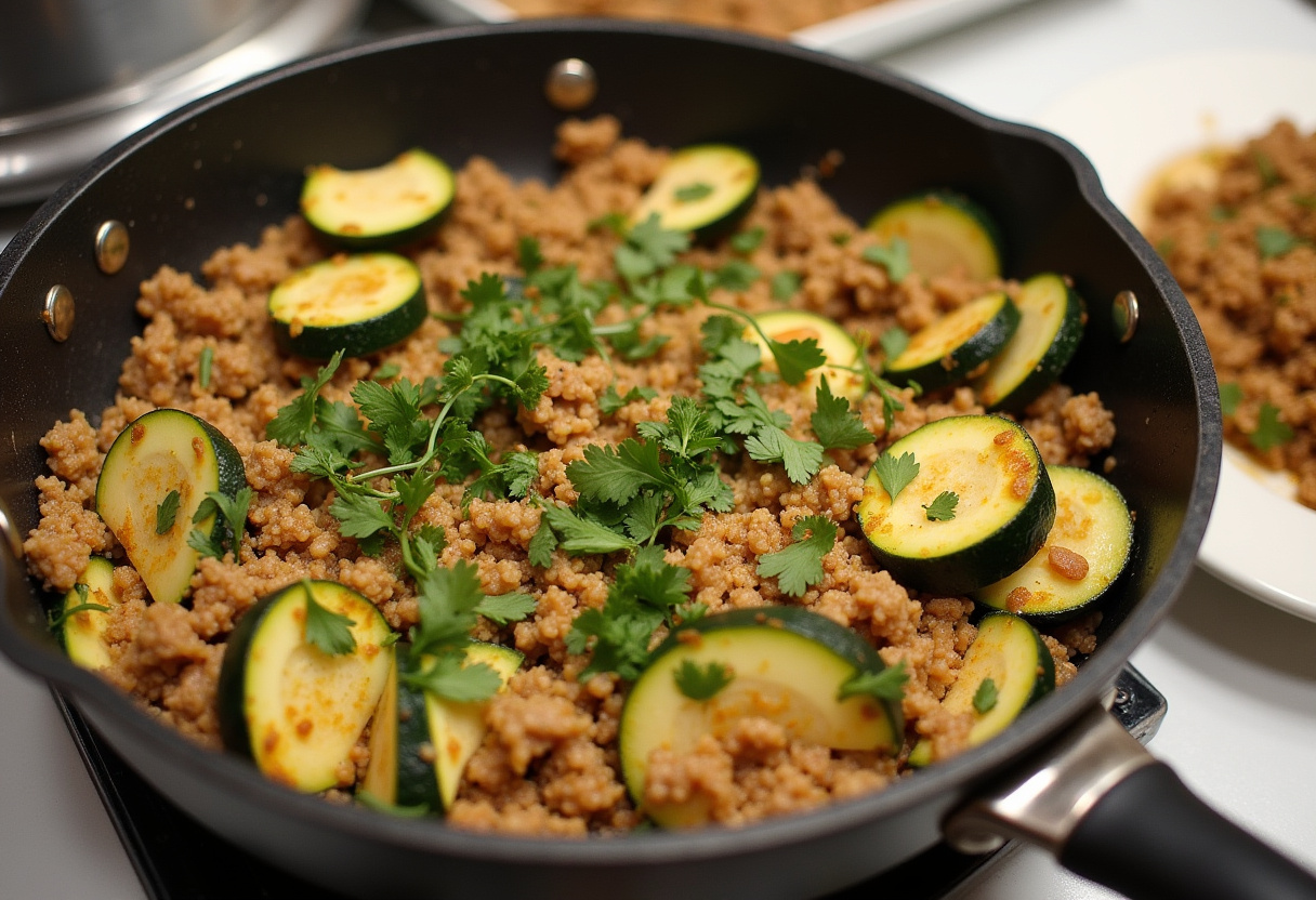 Finished ground turkey and zucchini skillet, beautifully presented with fresh herbs and ready to be enjoyed.