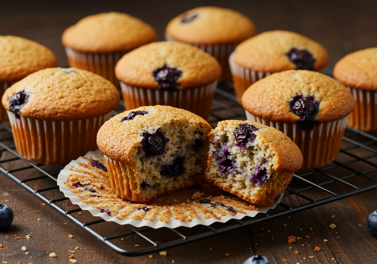Delicious Healthy Greek Yogurt Blueberry Protein Muffins displayed on a cooling rack, showcasing their fluffy texture and blueberry goodness.