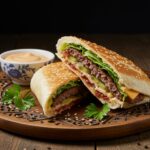 Final presentation of delicious Homemade Big Mac Wraps cut in half with vibrant ingredients and special sauce for dipping.