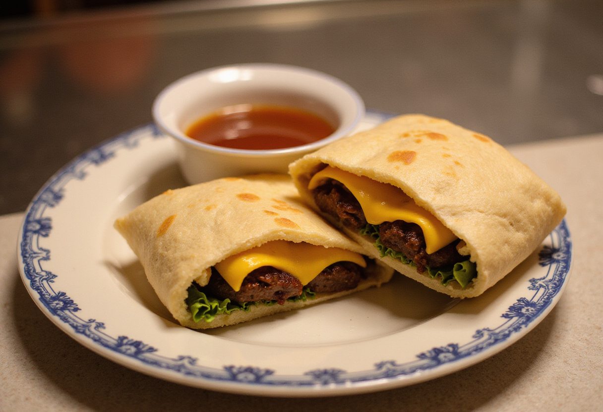 Final presentation of delicious Homemade Big Mac Wraps cut in half with vibrant ingredients and special sauce for dipping.