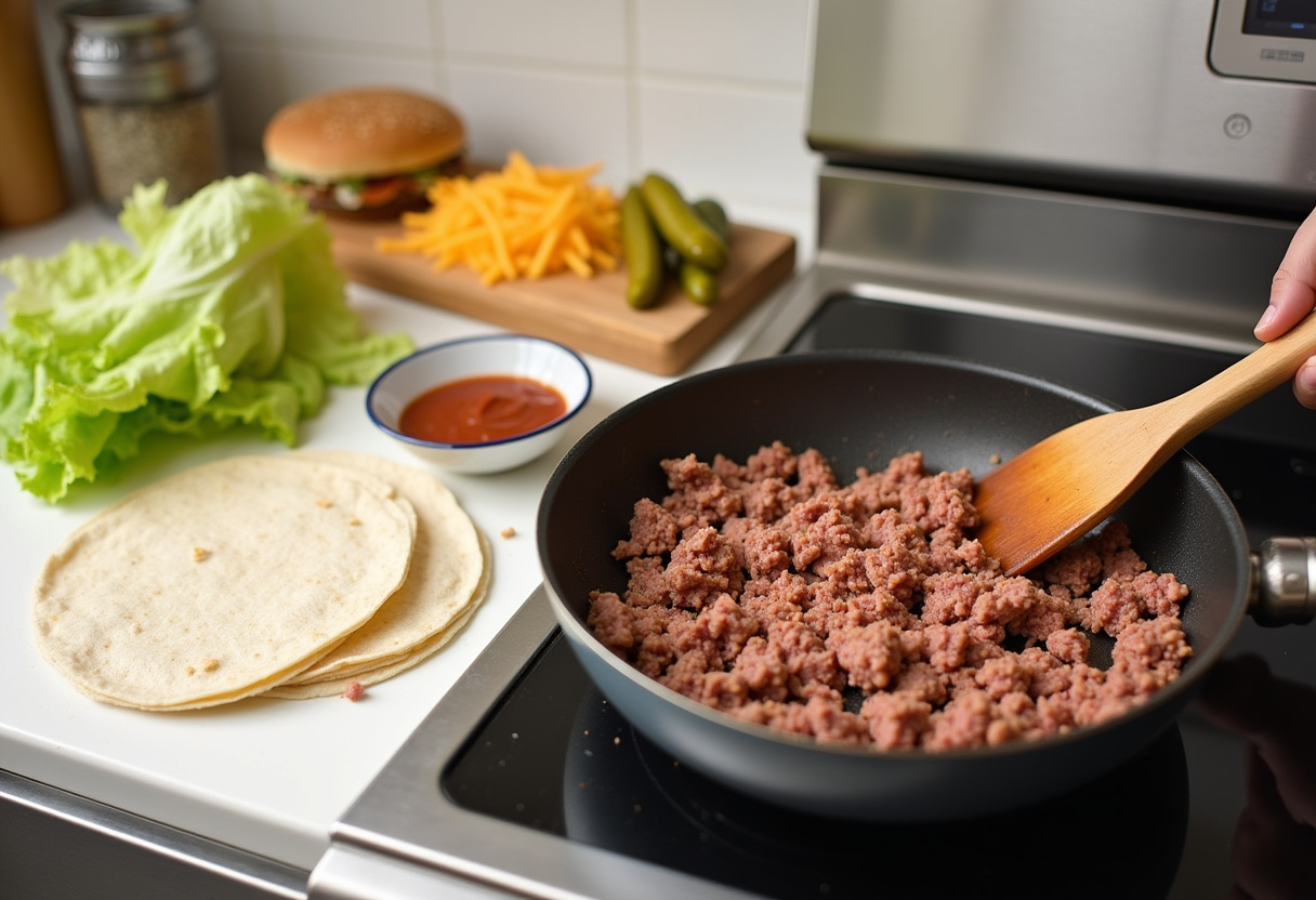 Preparing ingredients for Homemade Big Mac Wraps with ground beef cooking on a stovetop and sauces on the counter.