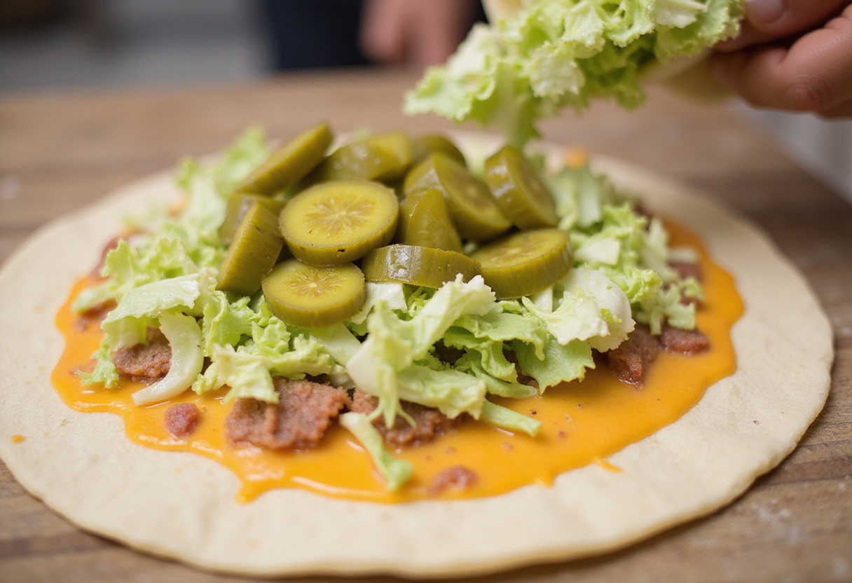 Assembling Homemade Big Mac Wraps with fresh lettuce, pickles, and cheese on a tortilla in a well-lit kitchen setting.