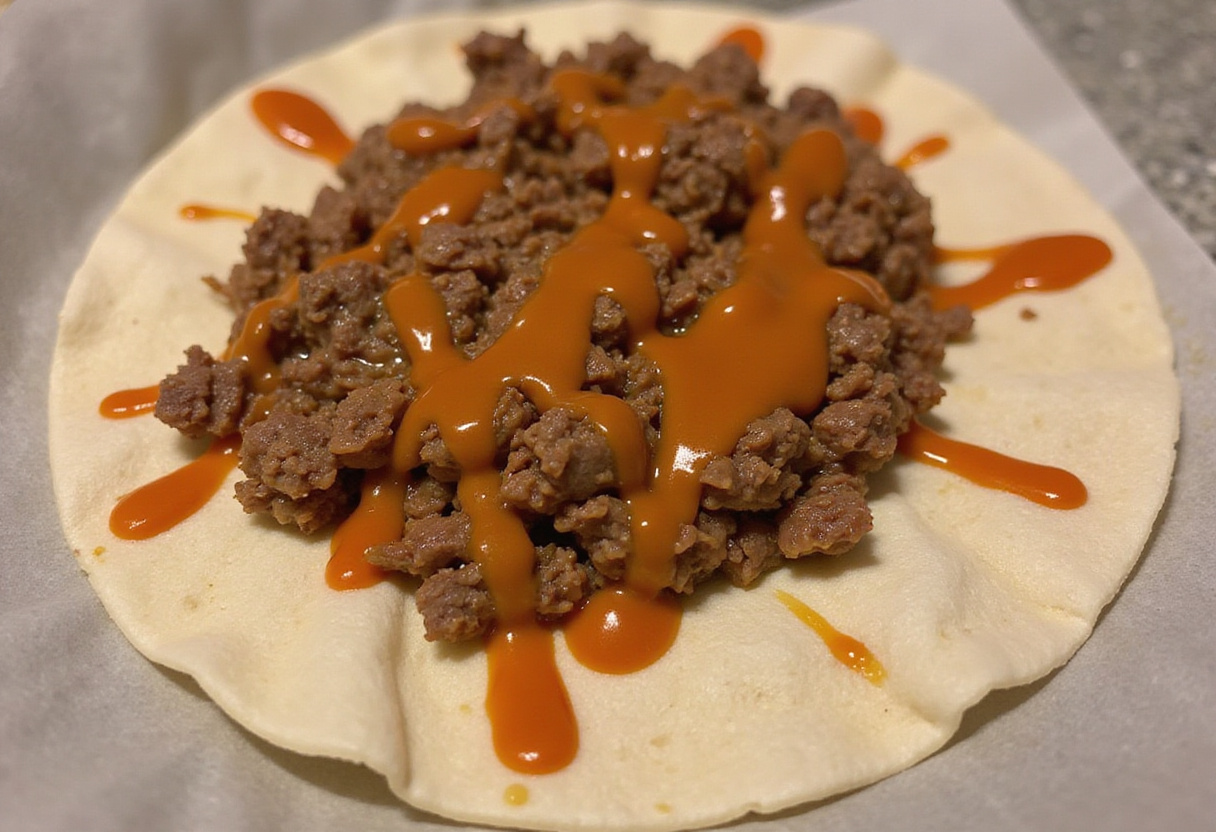 Adding seasoned ground beef and special sauce to the tortilla for Homemade Big Mac Wraps in a cozy kitchen environment.