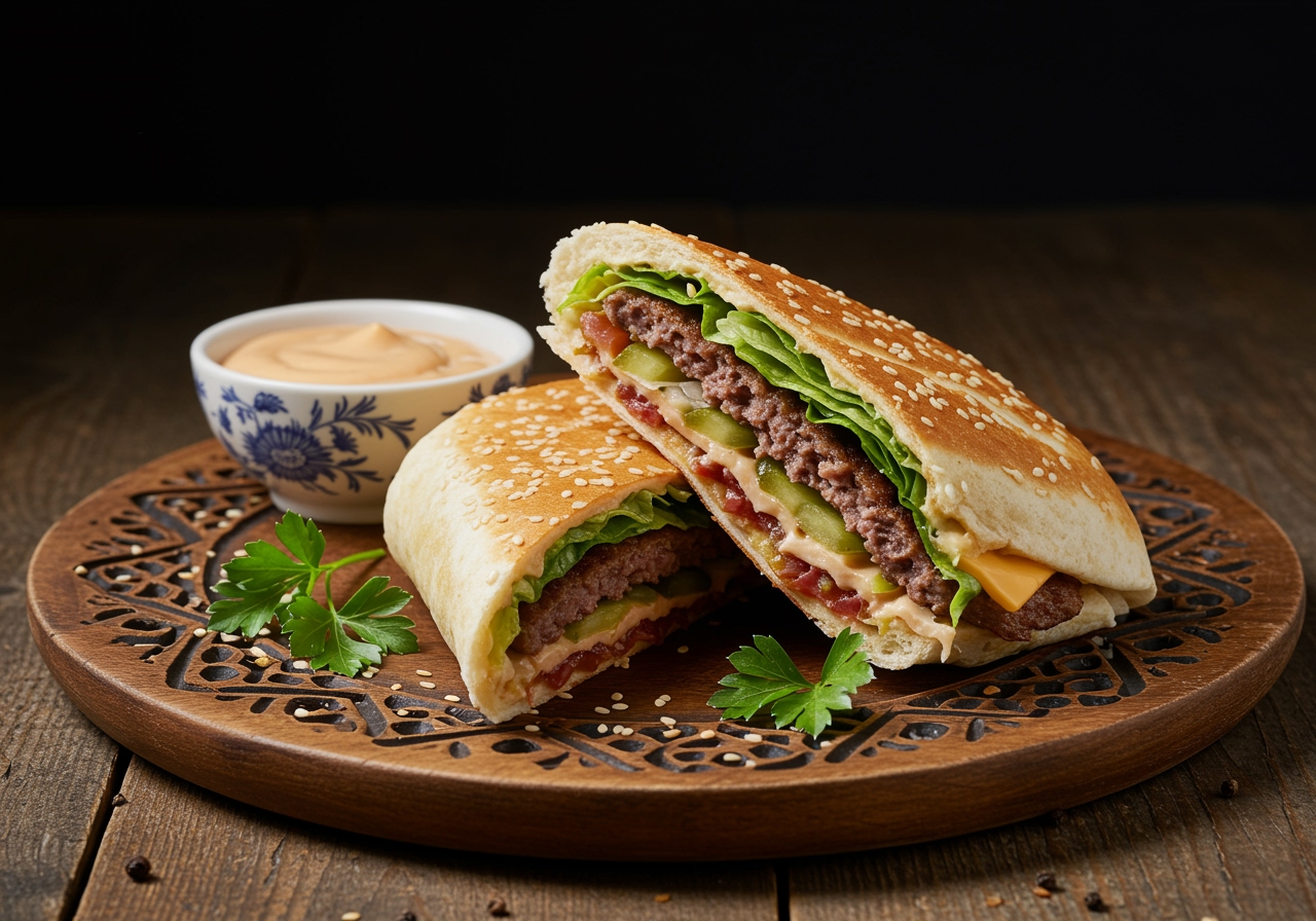 Final presentation of delicious Homemade Big Mac Wraps cut in half with vibrant ingredients and special sauce for dipping.
