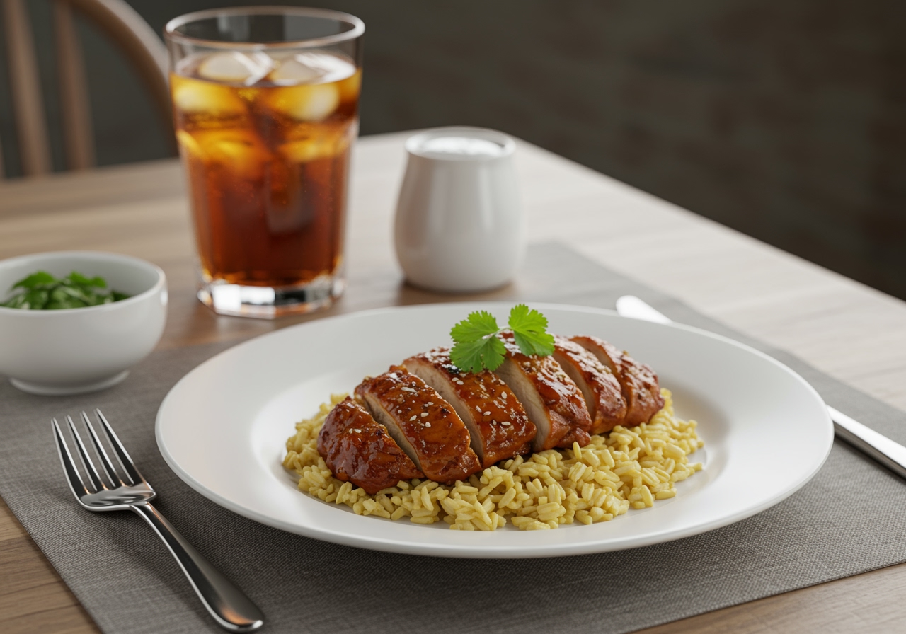 Final presentation of honey BBQ chicken rice, ready to serve, showcasing an appetizing dish with a glass of iced tea.