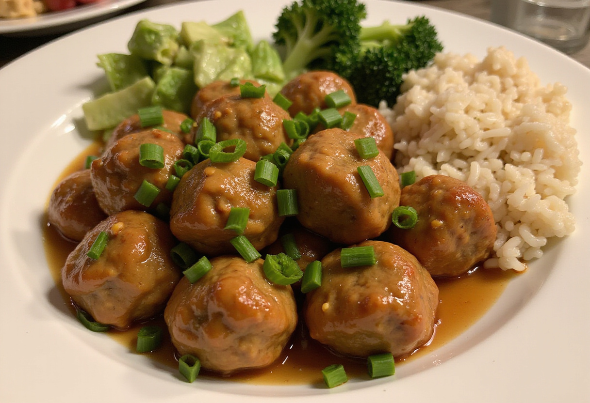 Delicious honey garlic turkey meatballs served with vegetables and rice, a perfect dish for a family dinner with blend of sweet and savory flavors.