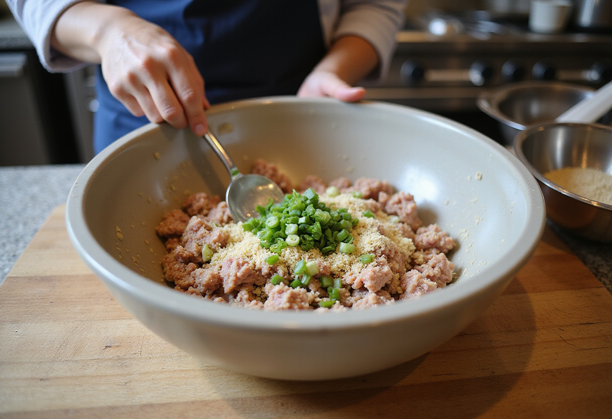 Mixing ground turkey meat, breadcrumbs, and garlic for honey garlic turkey meatballs, a savory dish rich in flavor and texture.
