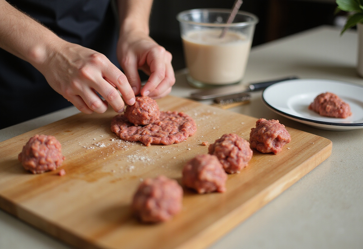 Shaping meatballs from seasoned turkey mixture, creating uniform turkey meatballs for a delicious honey garlic recipe.