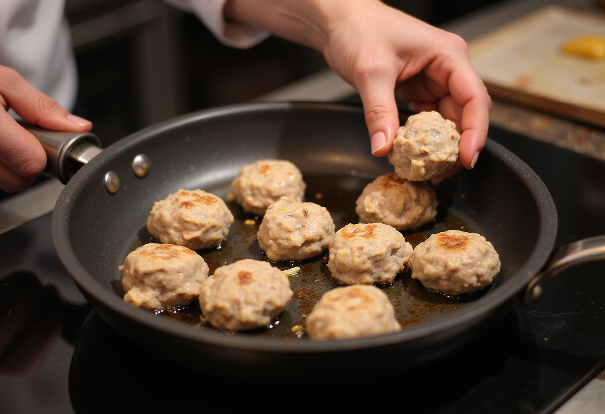 Cooking turkey meatballs in a pan for honey garlic turkey meatballs, ensuring a golden and savory finish while frying.