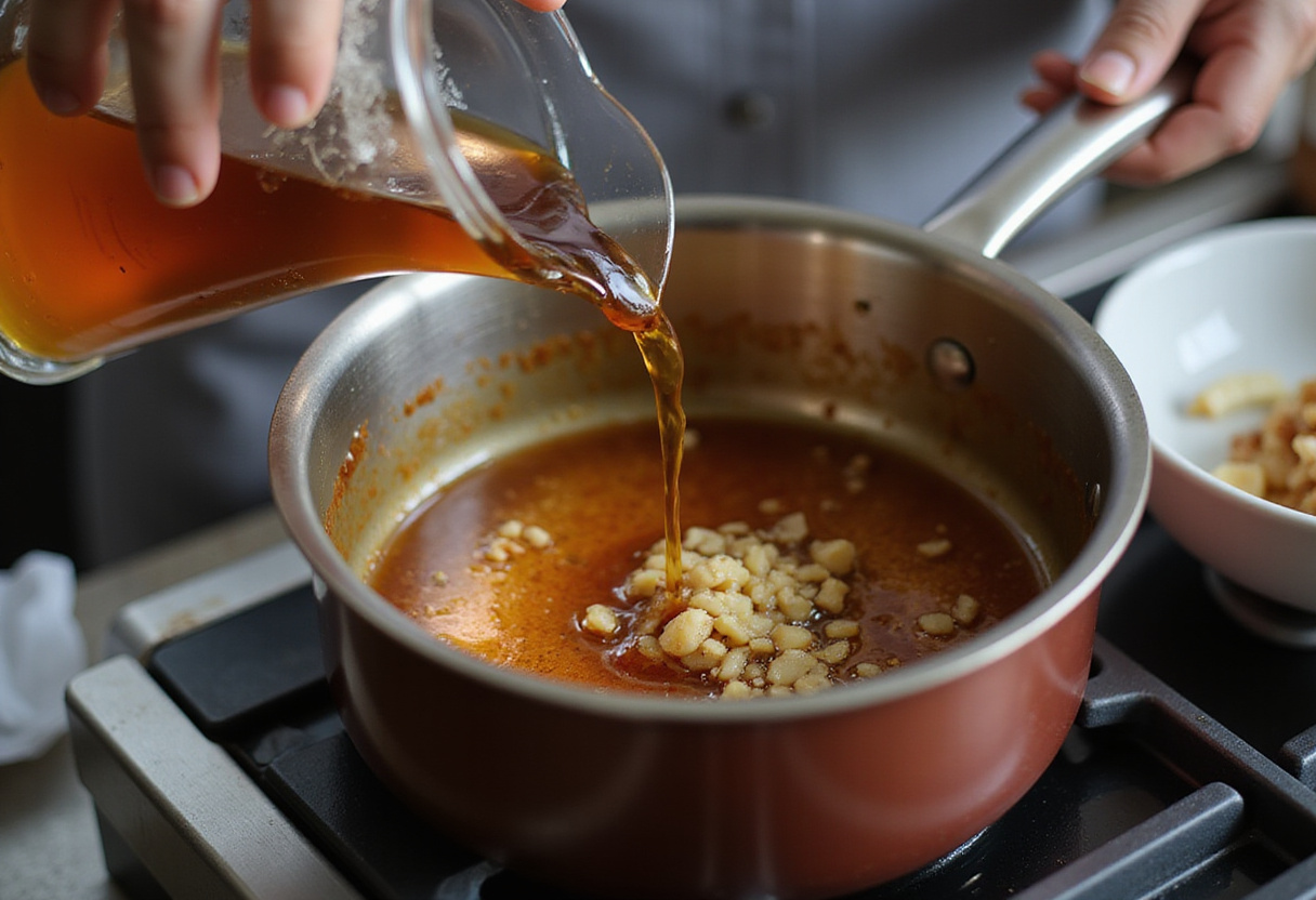 Preparing a sweet and savory honey garlic sauce for turkey meatballs, featuring ingredients that enhance the dish's flavor.