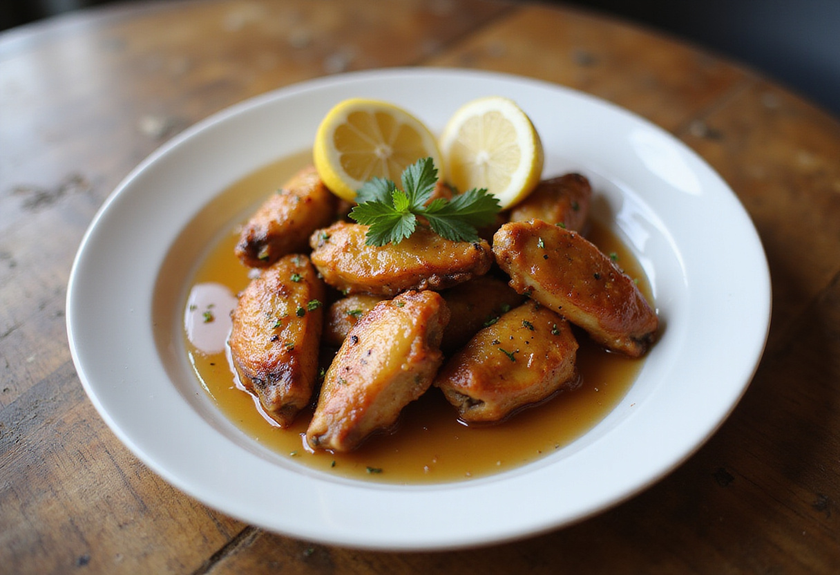 Delicious lemon pepper wings drizzled with honey and garnished, presenting the final dish in a mouth-watering display.