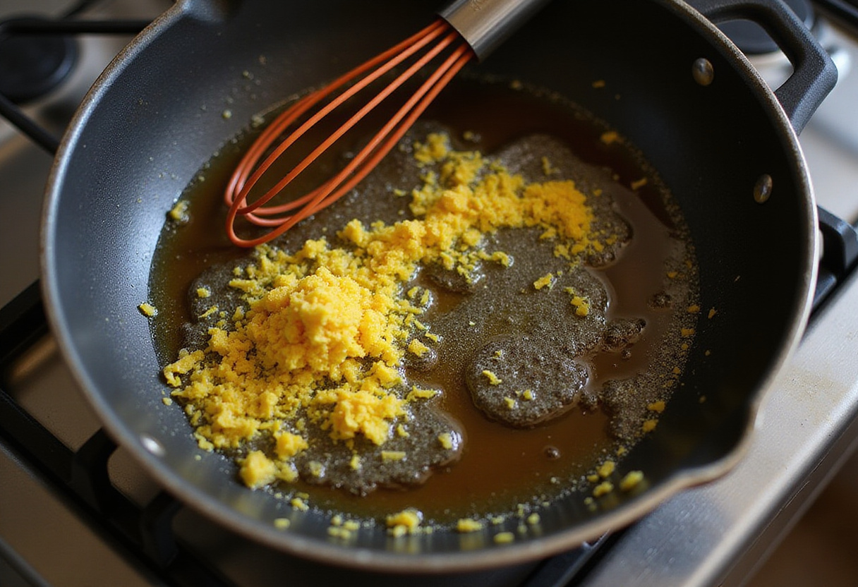Honey and lemon zest melting together in a skillet, demonstrating a key step in the preparation of honey glaze for lemon pepper wings.
