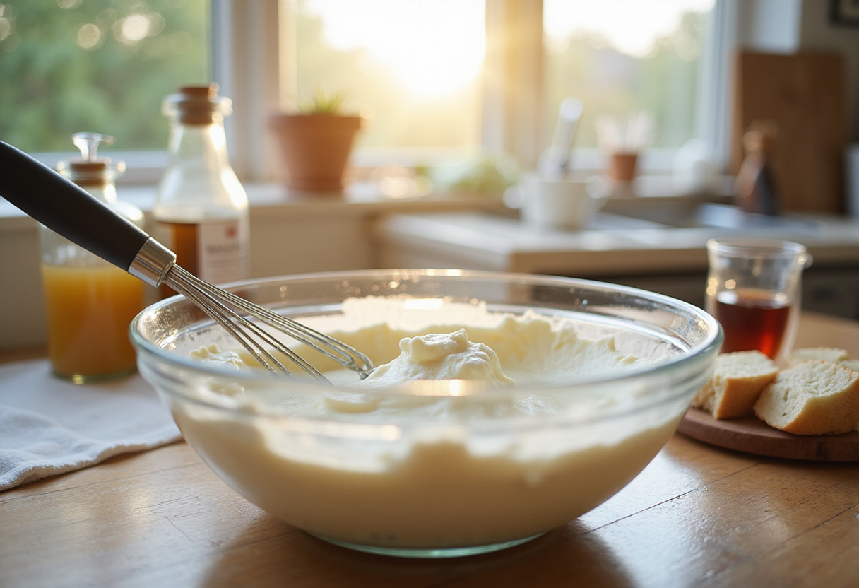 Cream cheese mixture preparation for Loaf Pan Basque Cheesecake, blending sugar and vanilla in a sunny kitchen.